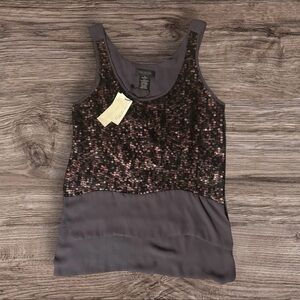 MM Couture Brown Sequin Sleeveless Blouse with Tiered Sheer Bottom